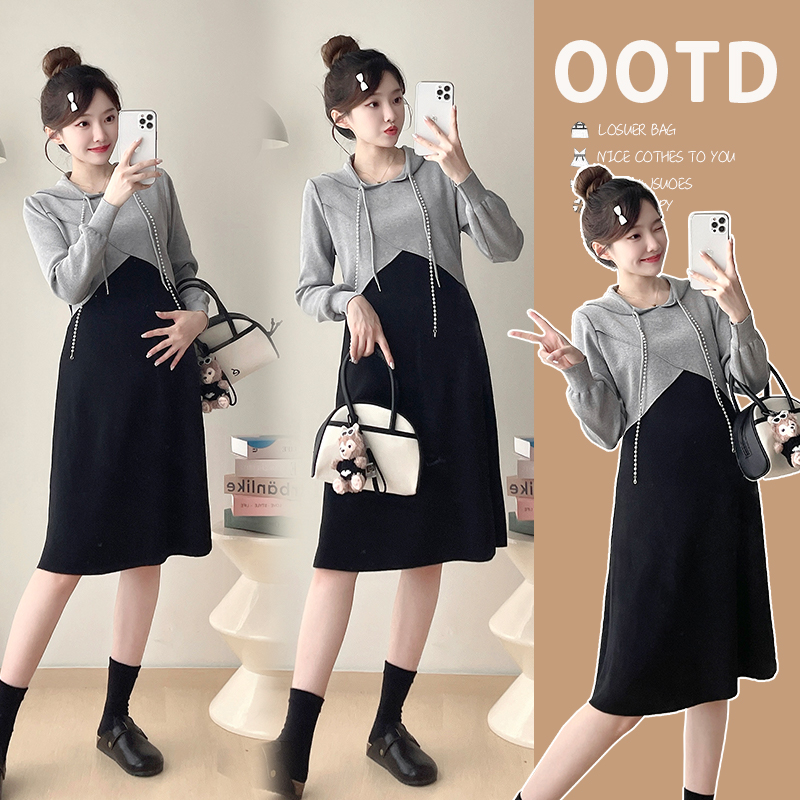 孕妇装秋冬假两件拼色连帽长袖连衣裙2025新款孕妇裙新款孕期裙子