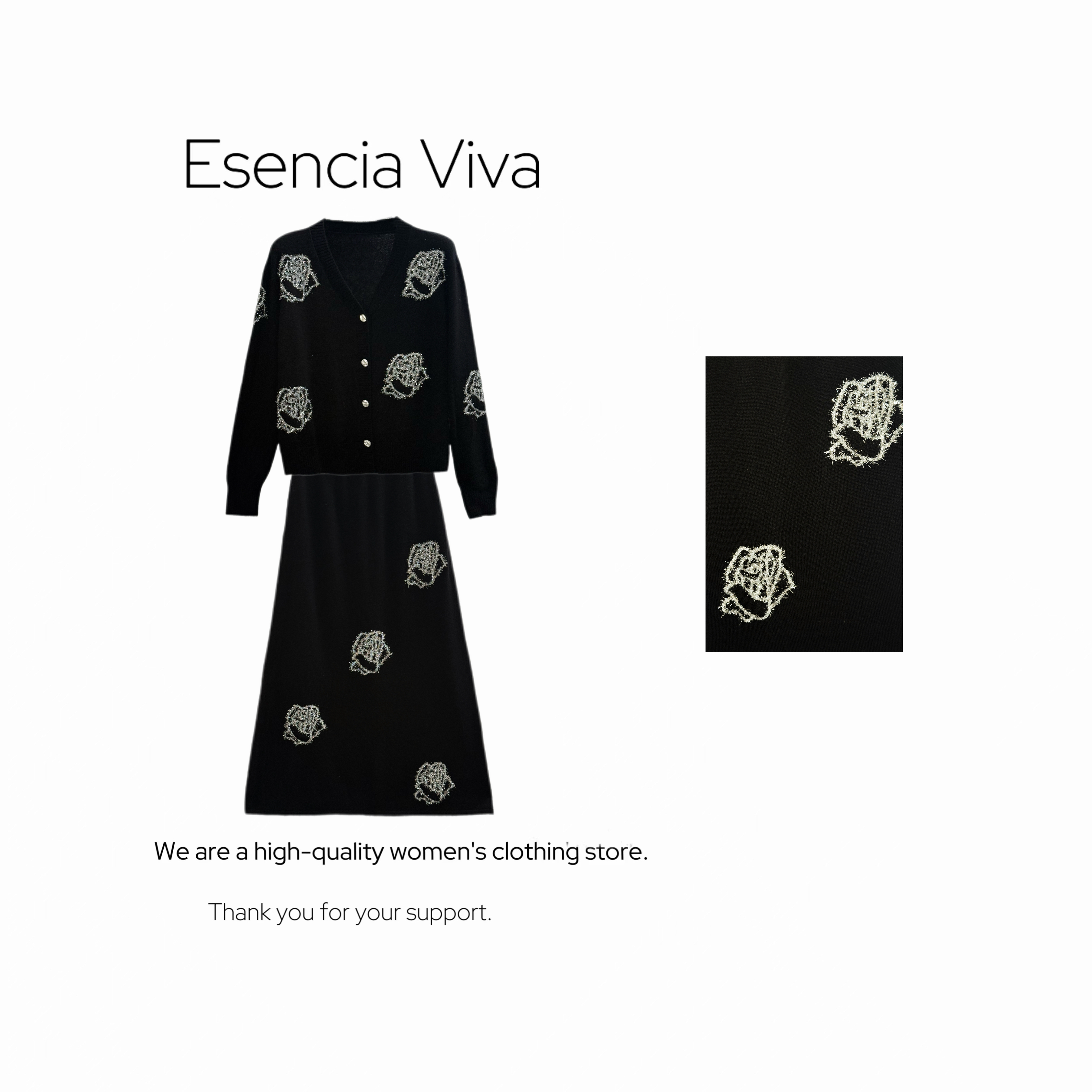 EV.【原创设计】银葱丝玫瑰气质开衫长袖上衣+半裙套装EVZZ0961