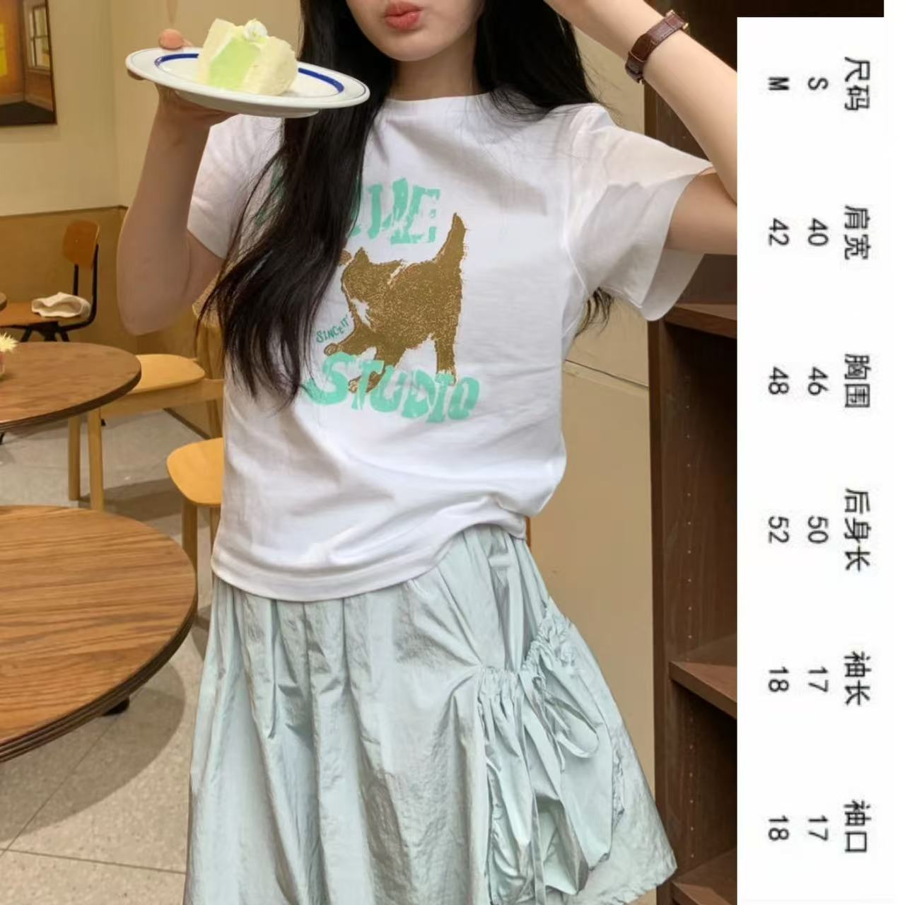 花朵涂鸦猫咪-小众韩系可爱圆领T恤~时尚百搭夏季韩版纯棉宽松