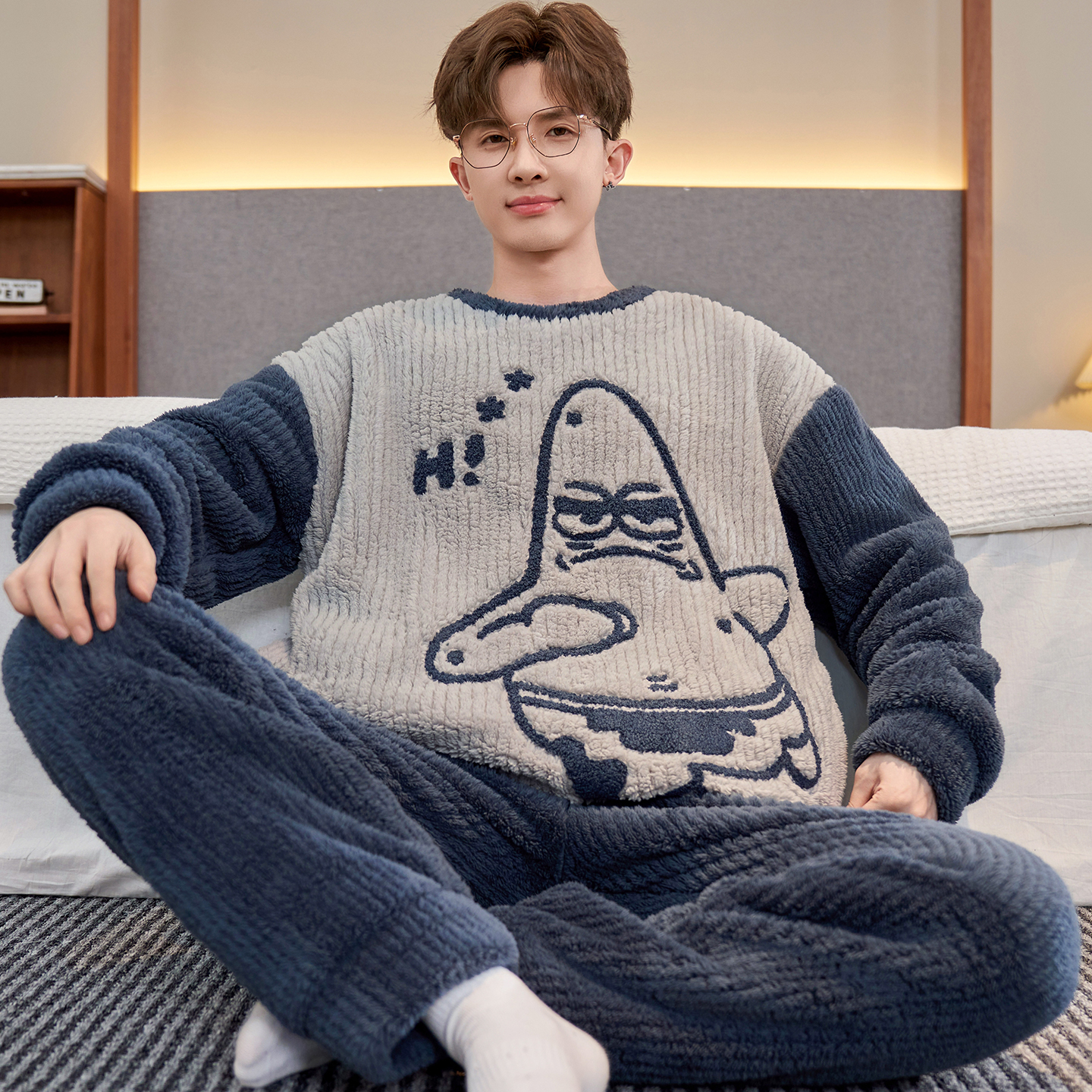 秋冬季珊瑚绒男士睡衣加绒加厚卡通青少年保暖法兰绒大码家居服