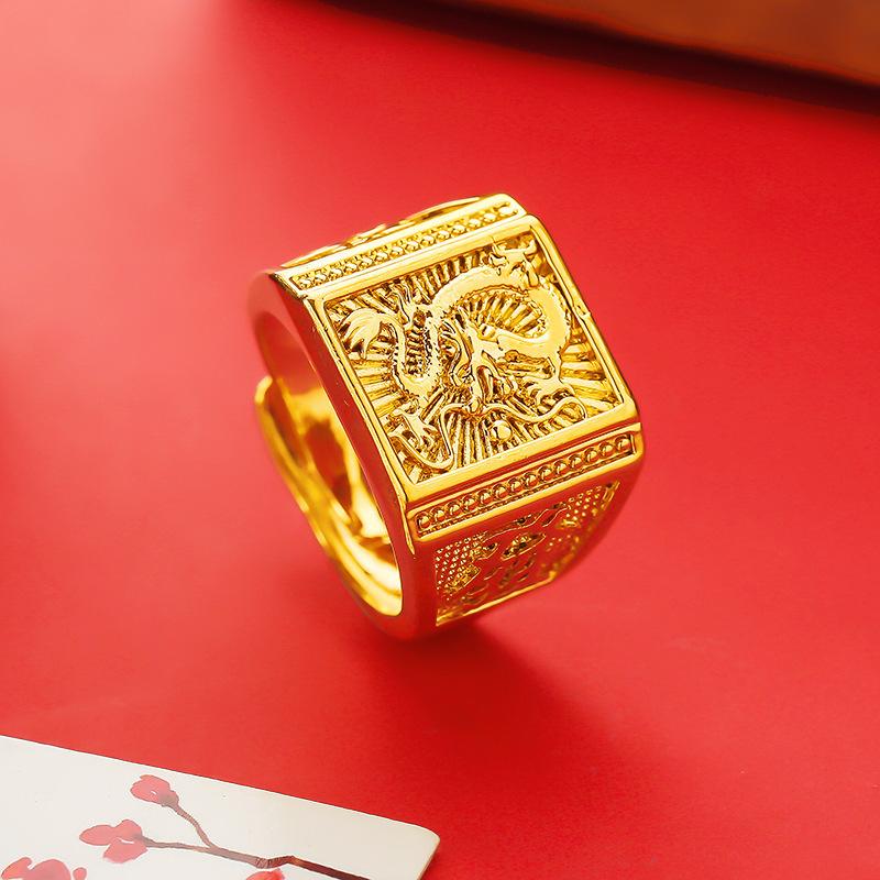 铜合金戒指男开口发财龙戒时尚霸气男款黄铜镀金大龙戒设计货源批