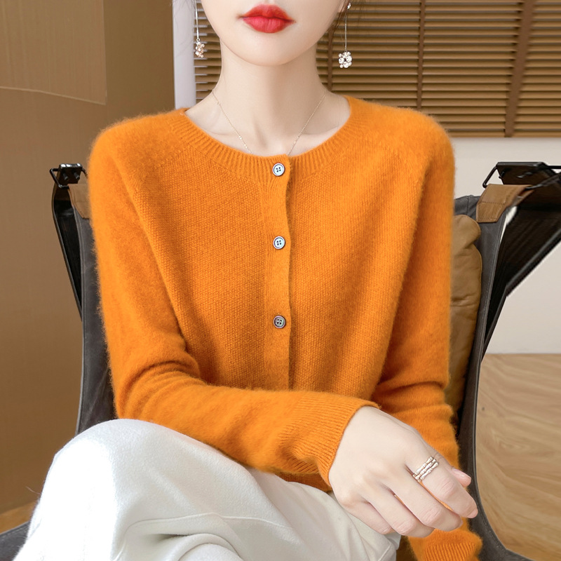 100纯羊毛开衫女圆领提花外套宽松羊毛衫长袖毛衣秋冬新款百搭