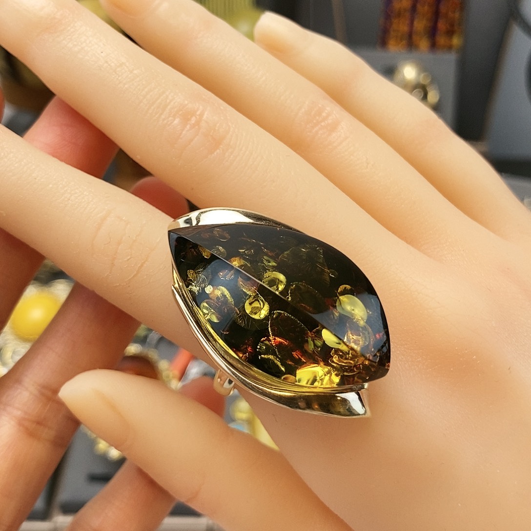 琥珀裸石银S925镶嵌戒指