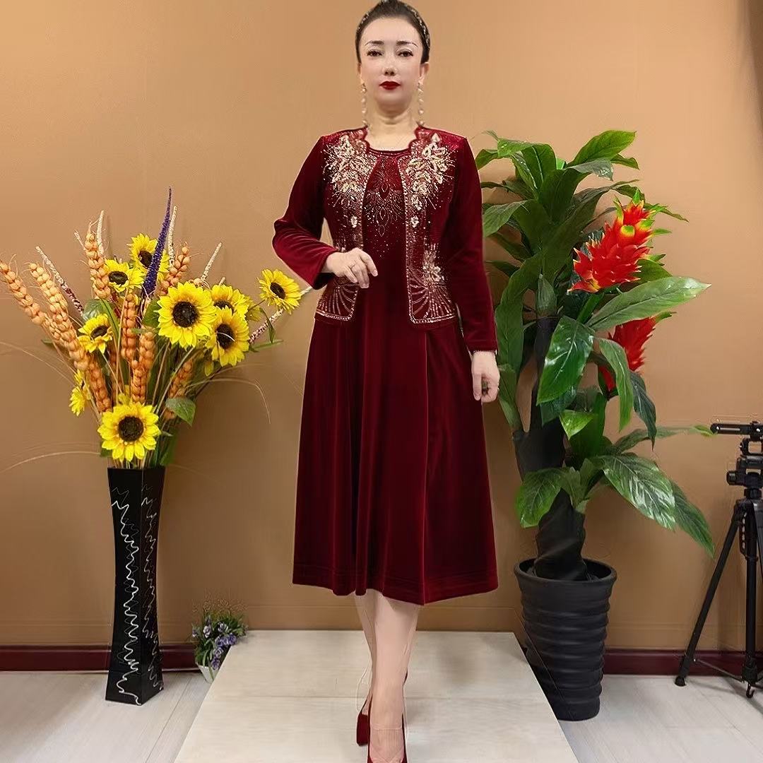 新款高档重工穿珠烫钻金丝绒两件套婚庆妈妈连衣裙6016