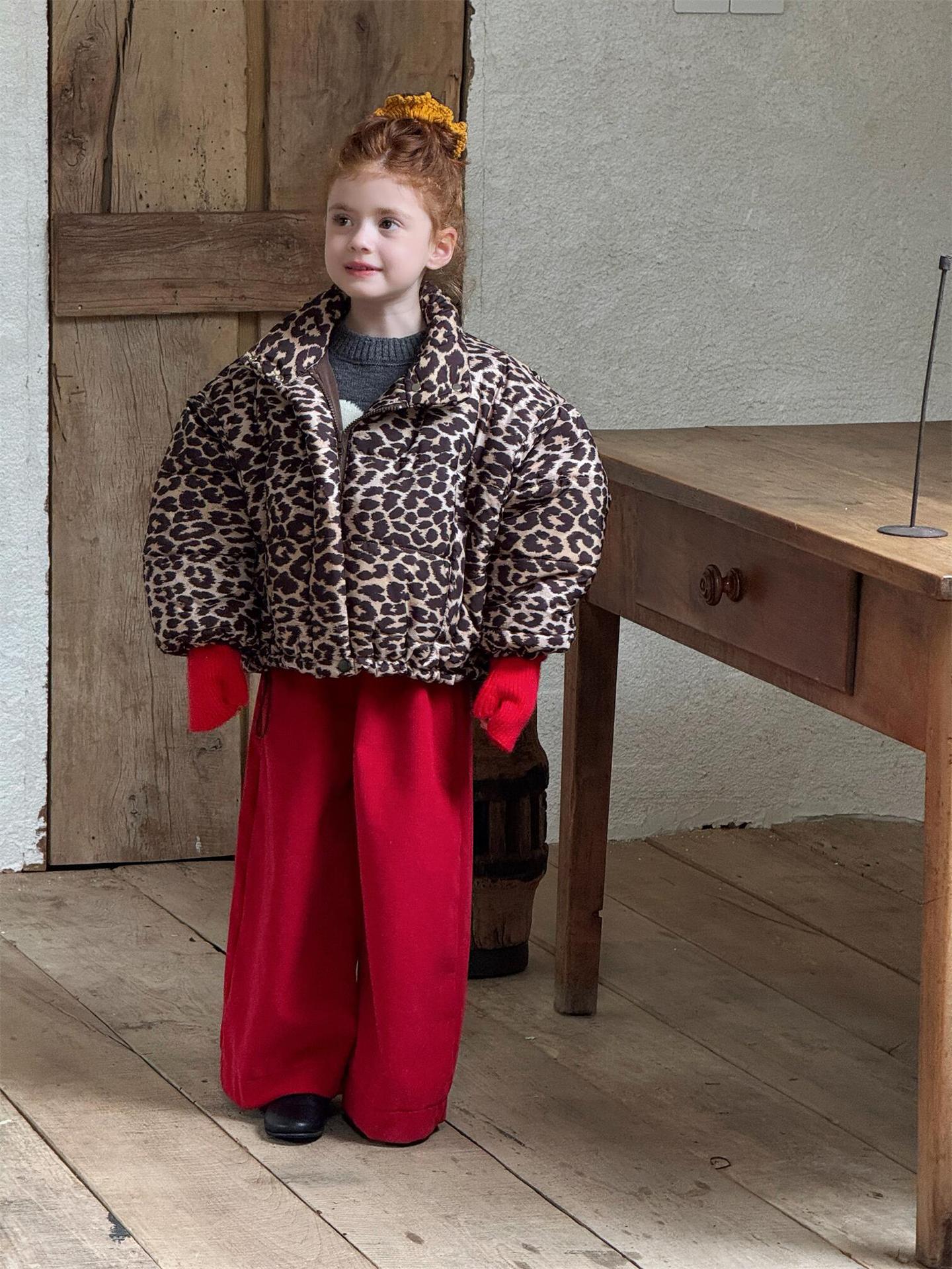 韩系童装2025冬季新款女童外套豹纹印花休闲蝙蝠短款棉袄