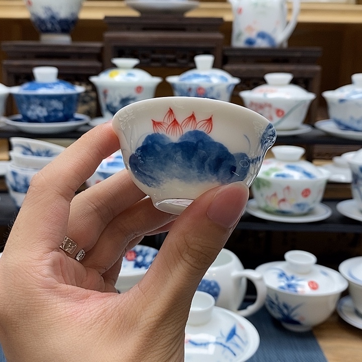 长***卿手绘荷花反口杯35cc釉下彩高温瓷微瑕福利款