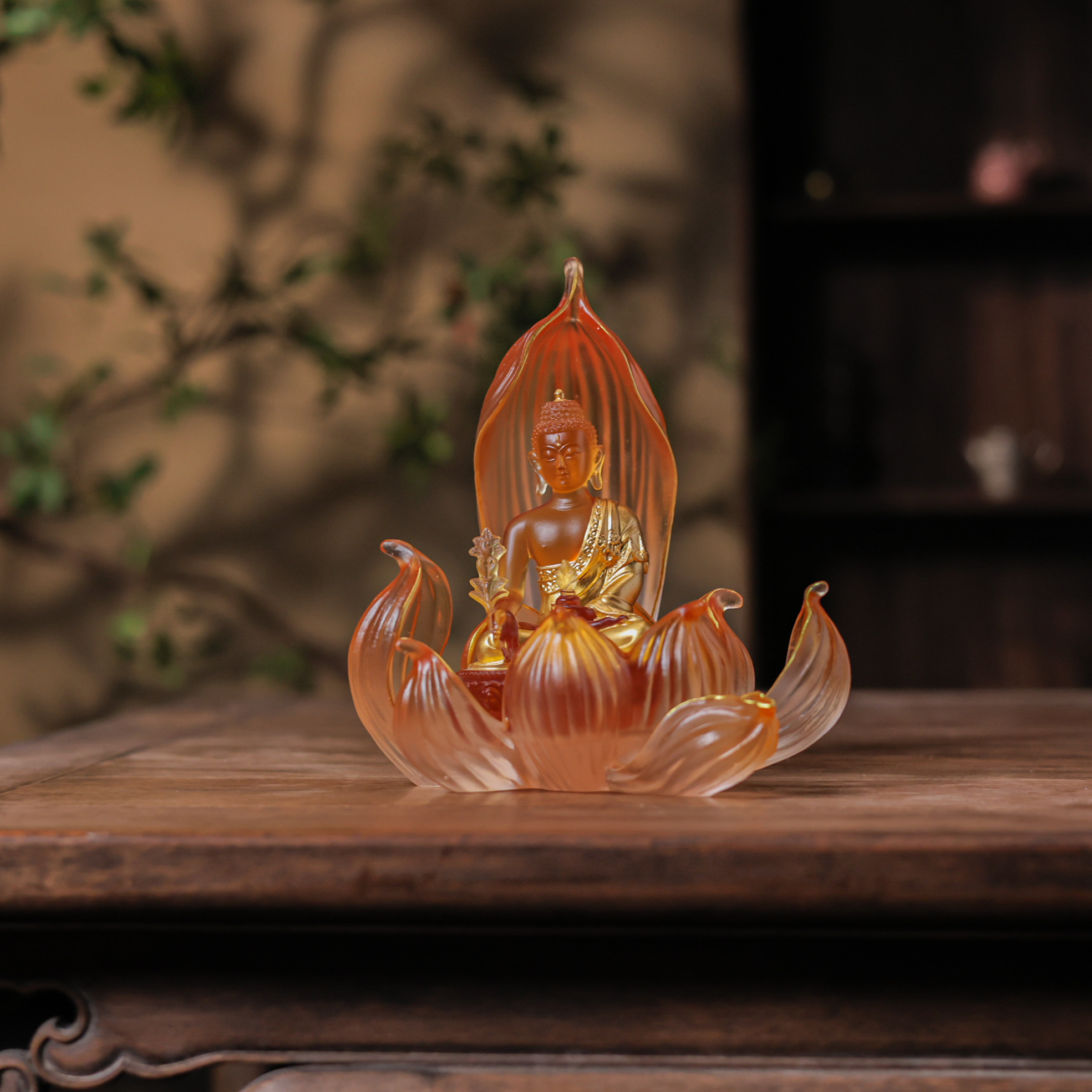 【喜器】 五寸春华秋实药师佛琥珀色套组（琉璃S0641）