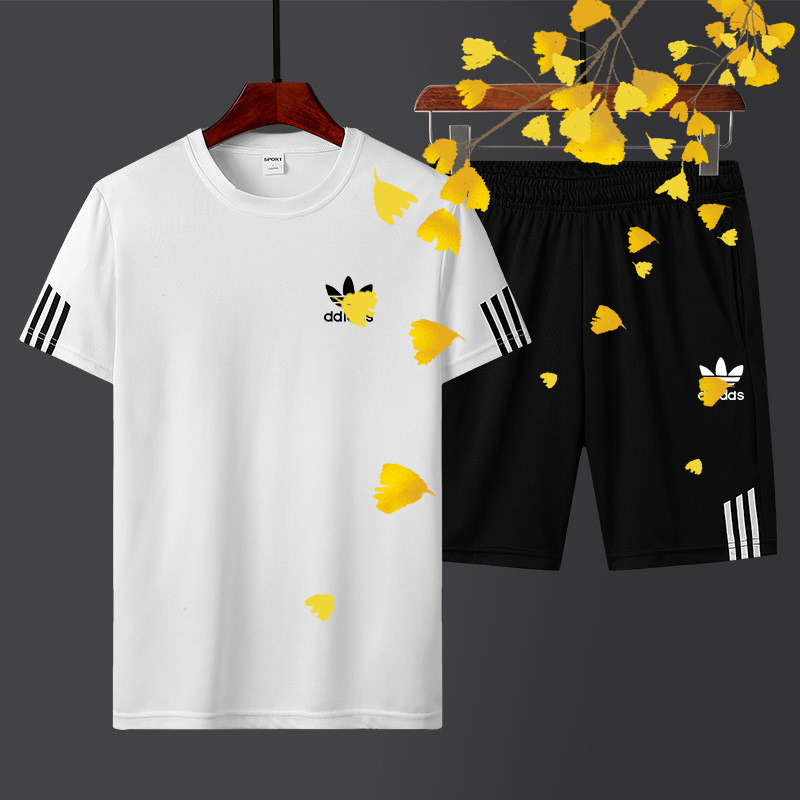 夏季宽松透气运动套装休闲纯色圆领T恤时尚潮流速干短裤男士套装