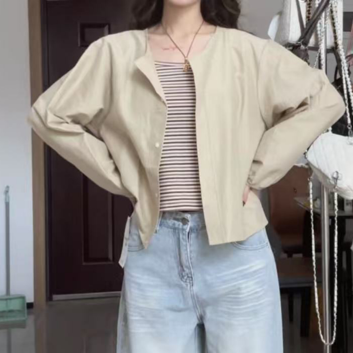 【丢丢专属】小个子休闲长袖防晒衬衫搭吊带条纹背心两件套