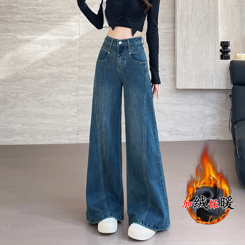 拉夏贝尔复古蓝阔腿喇叭裤女秋冬2025新款垂感显瘦加绒直筒牛仔裤