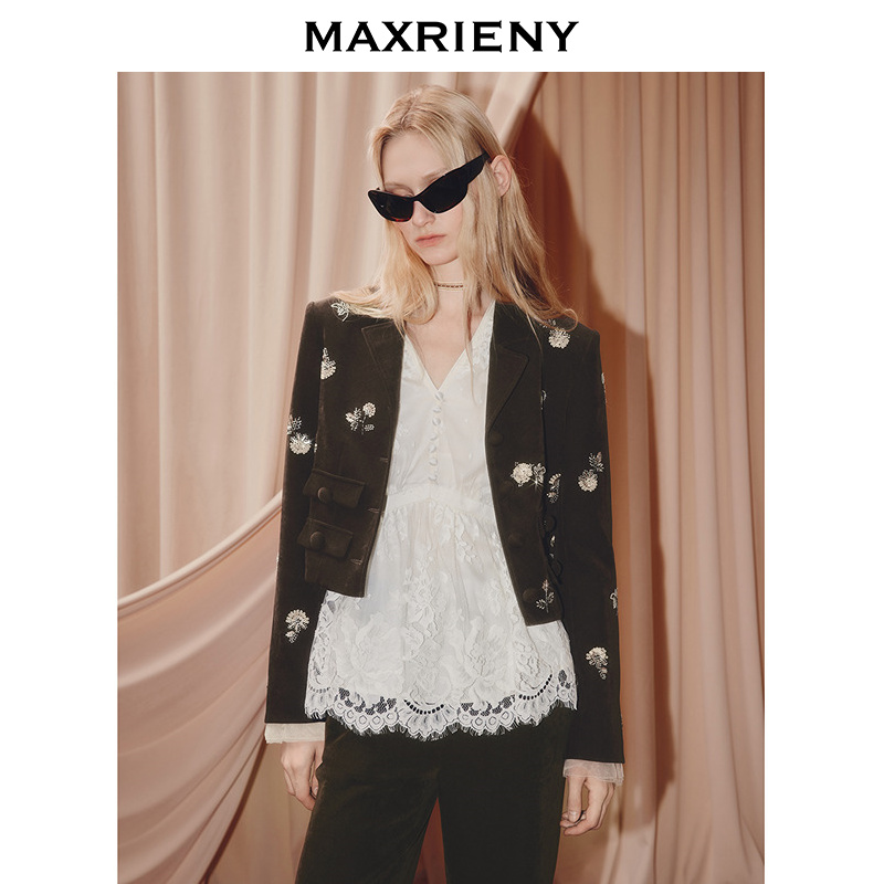 【艺术系流浪】MAXRIENY巴恩风翻领夹克截短绣花外套琥珀流光穿搭