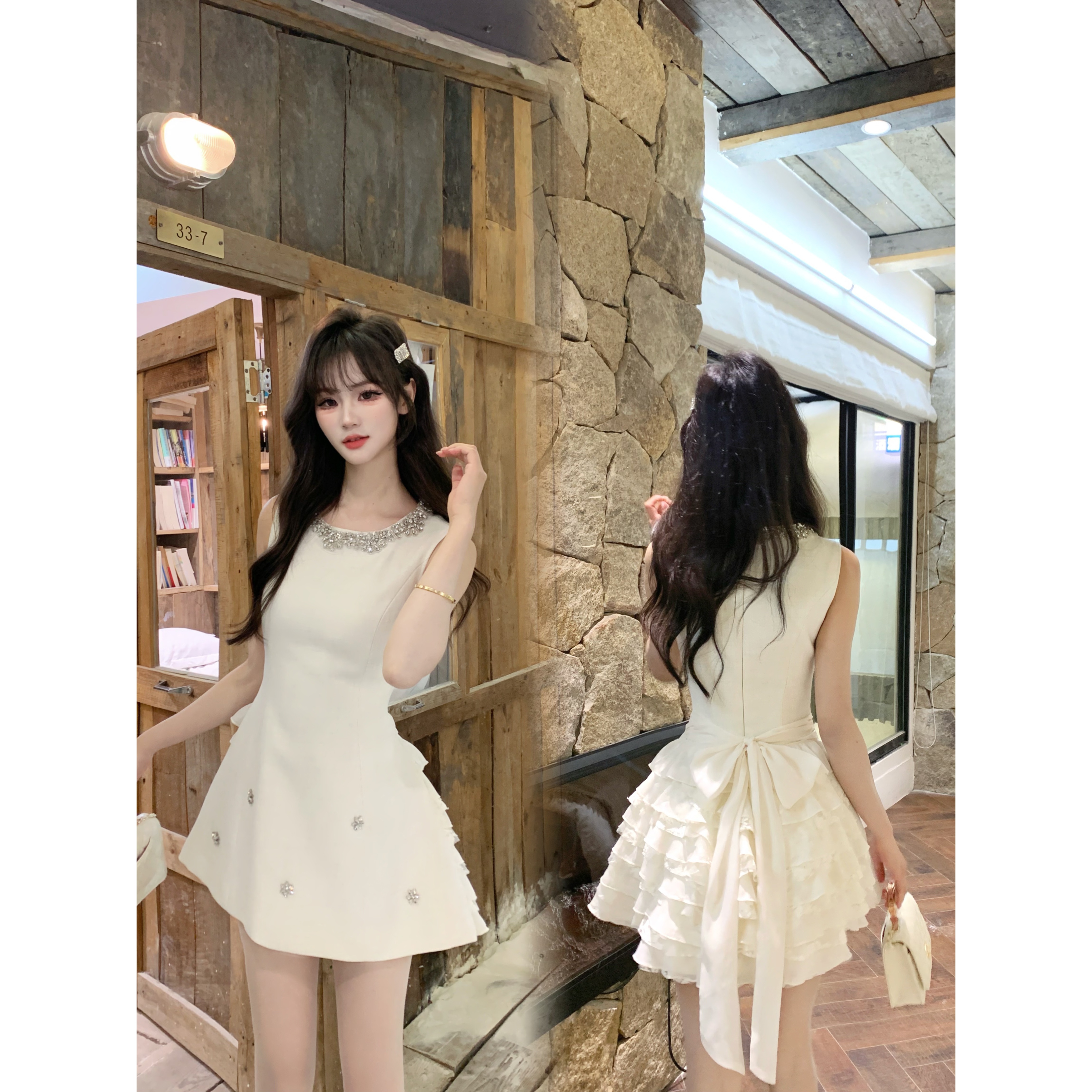 越韩小鱼 纯白缪斯 名媛千金风水钻背心裙气质显瘦蝴蝶结礼裙套装