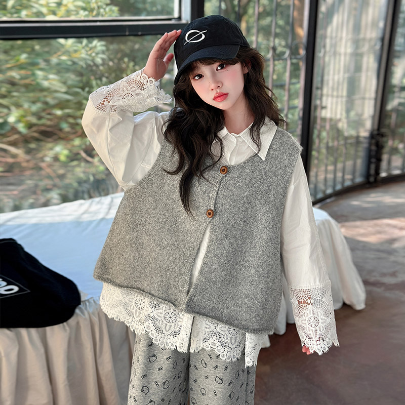 女中大童休闲风日式慵懒风时尚套装蕾丝套装气质春秋韩版女童秋装