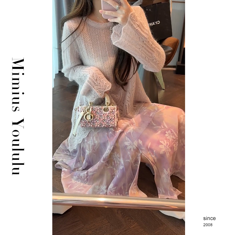 【mimius】&喵喵 法式温柔风镂空针织衫+后松紧腰半裙 WG03050