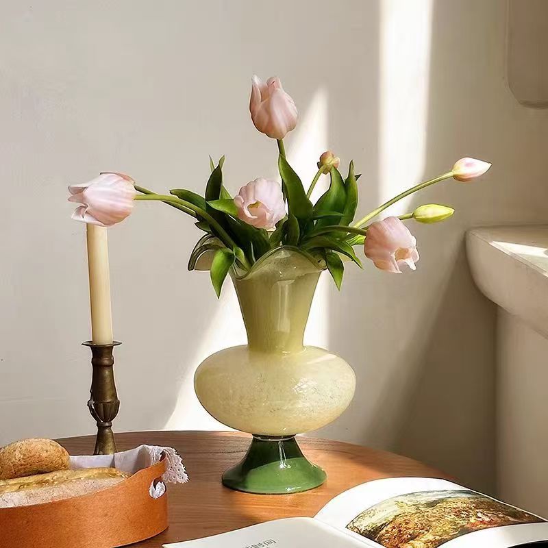 绿色芬顿中古玻璃花瓶摆件ins风 波浪花边花瓶插花高级感装饰品