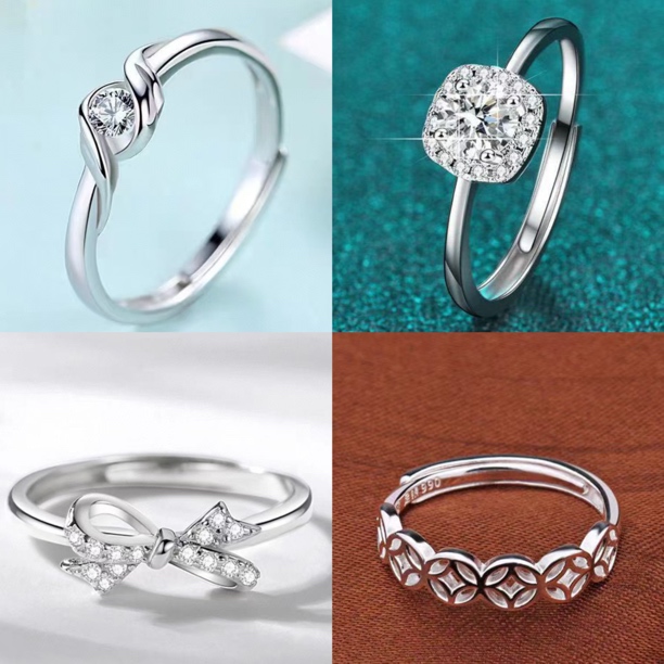 足银戒指 银大福足银990女生戒指纯银开口小方糖麦穗金钱蝴蝶结圈