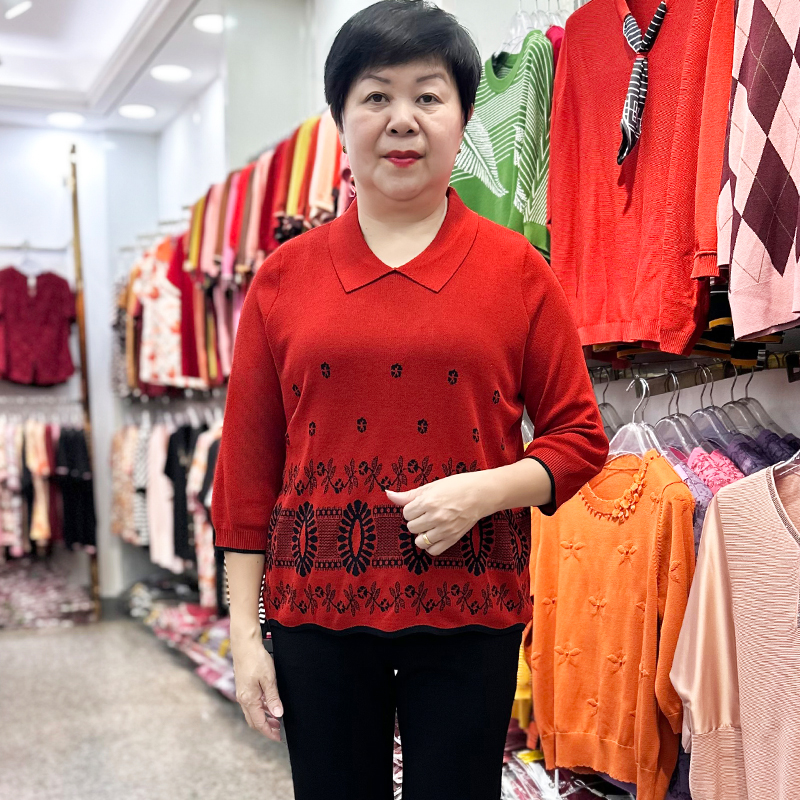 2025秋季翻领七分袖妈妈装弹力薄款中老年女装T恤小衫妇女上衣服