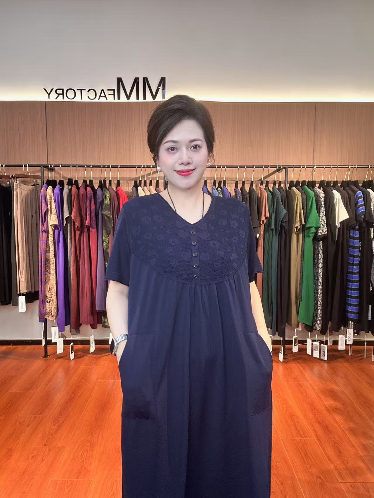 688  MM factory长裙衬衫袖提花夏季A字裙女士纯色大码连衣裙