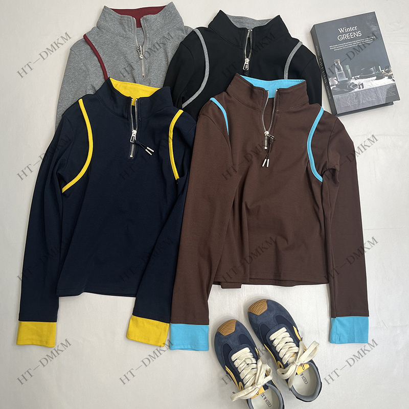 【撞色立领】2025秋季新款撞色拼接立领半拉链显瘦长袖T恤女上衣