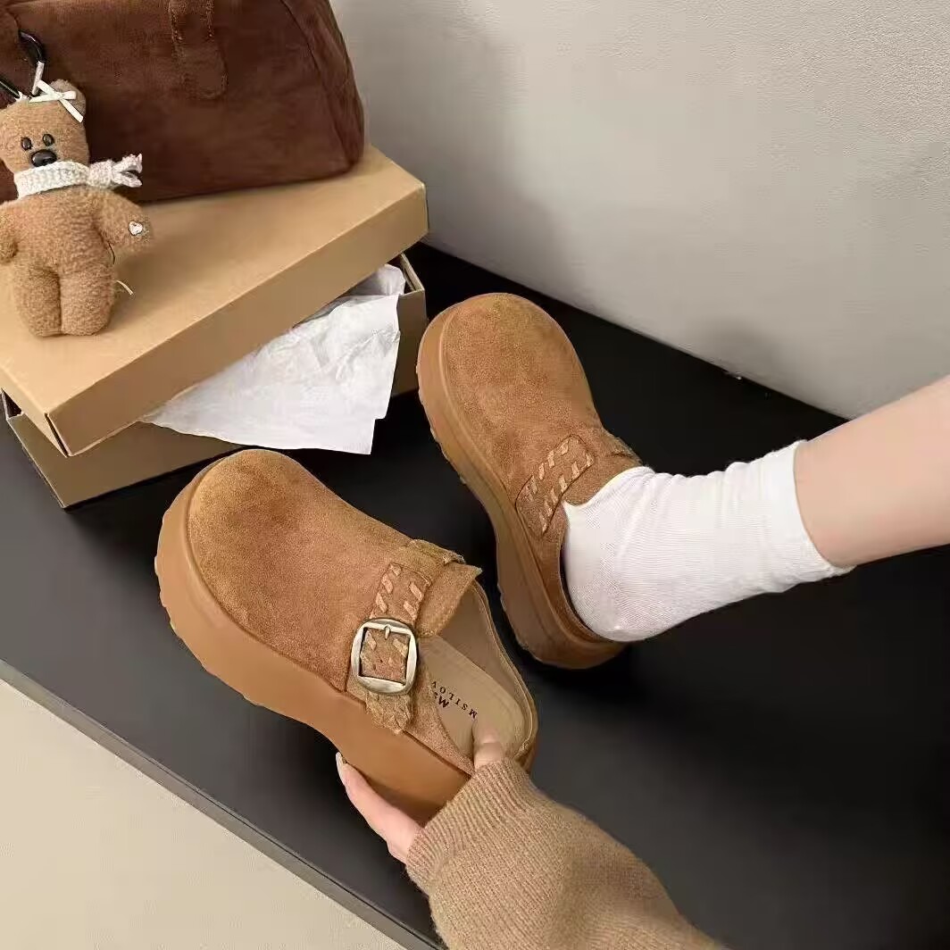 M11包头款休闲风磨砂浅口搭扣包头拖厚底加绒韩版低帮