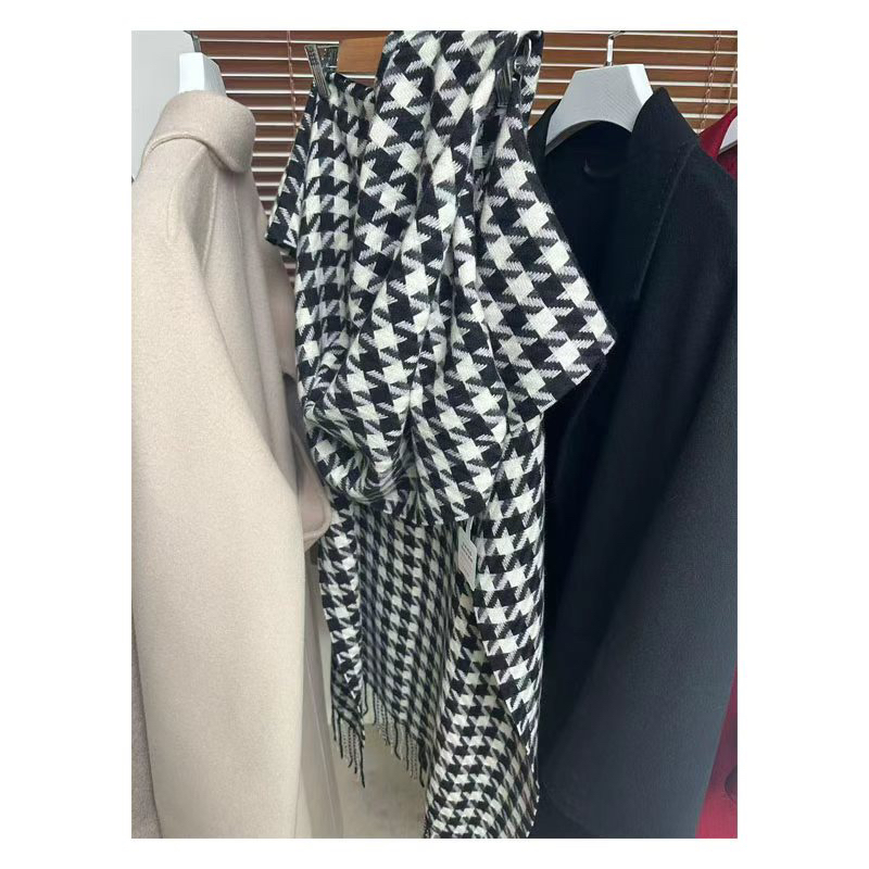 羊绒围巾女秋冬季保暖百搭千鸟格流苏情侣围脖时尚针织披肩