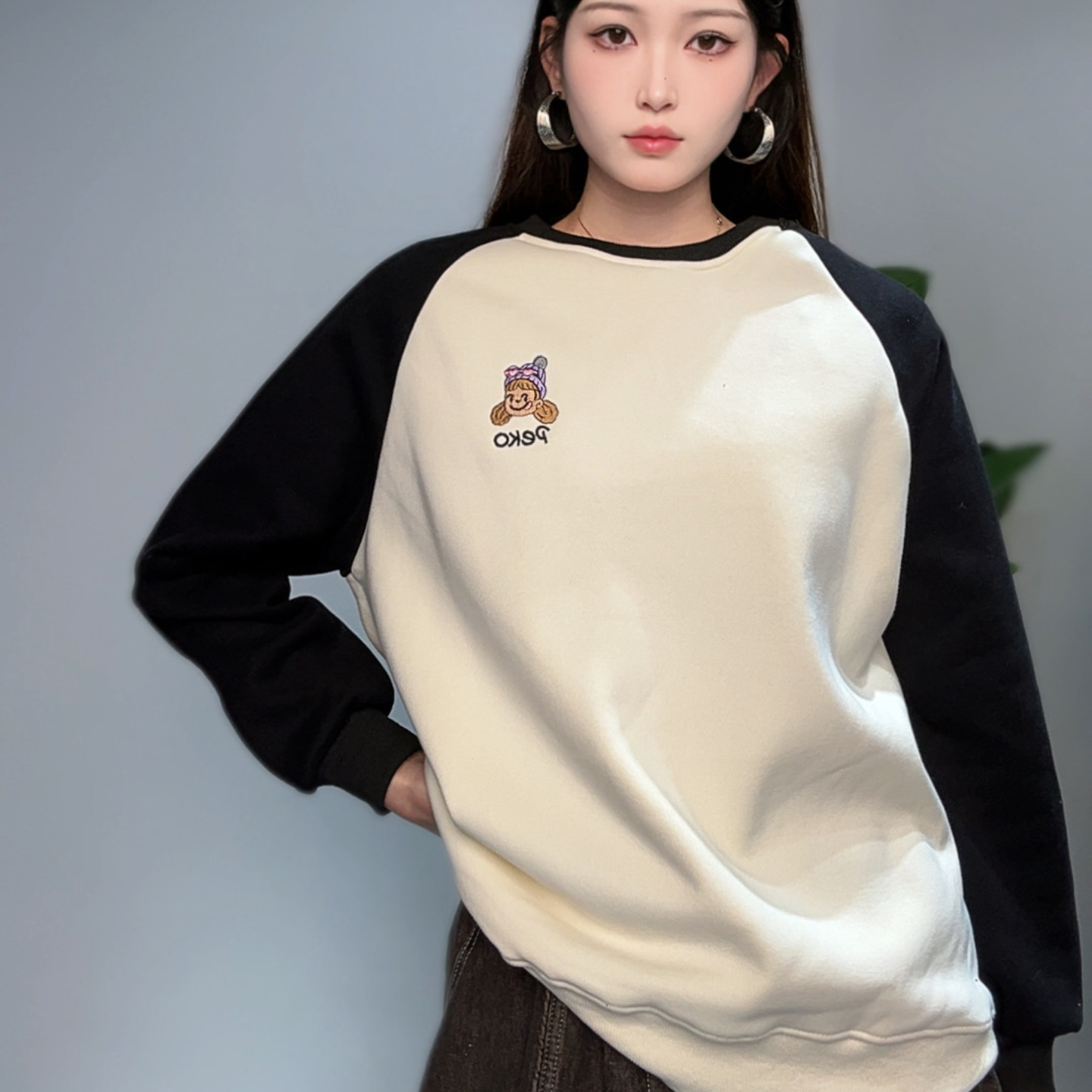 拼接女士圆领慵懒风卫衣字母加厚长袖印花刺绣休闲