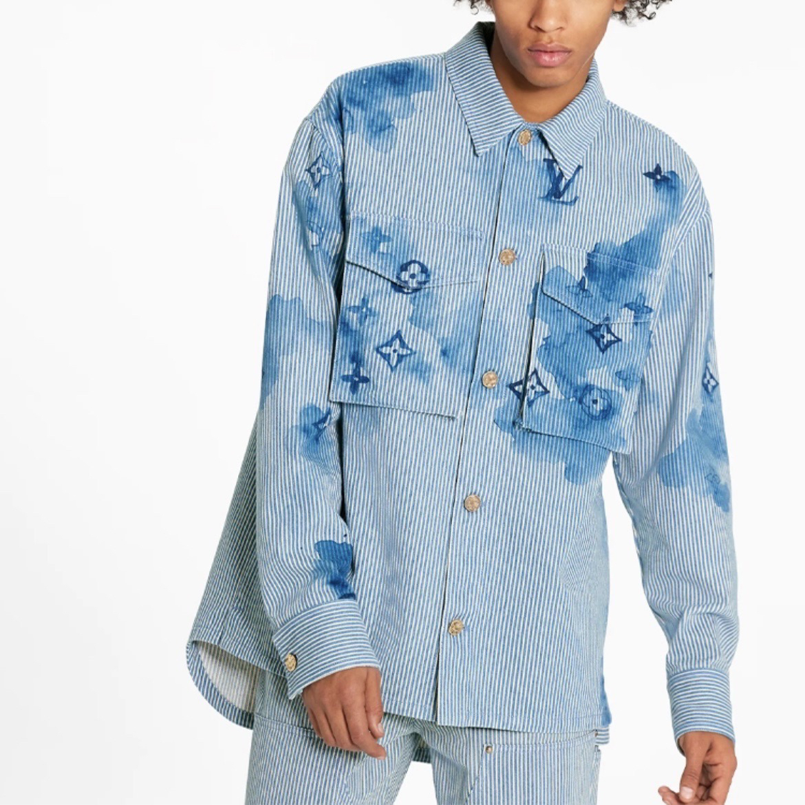 99新 LouisVuitton/路易威登 6845/蓝色印花衬衫L码98新轻污渍