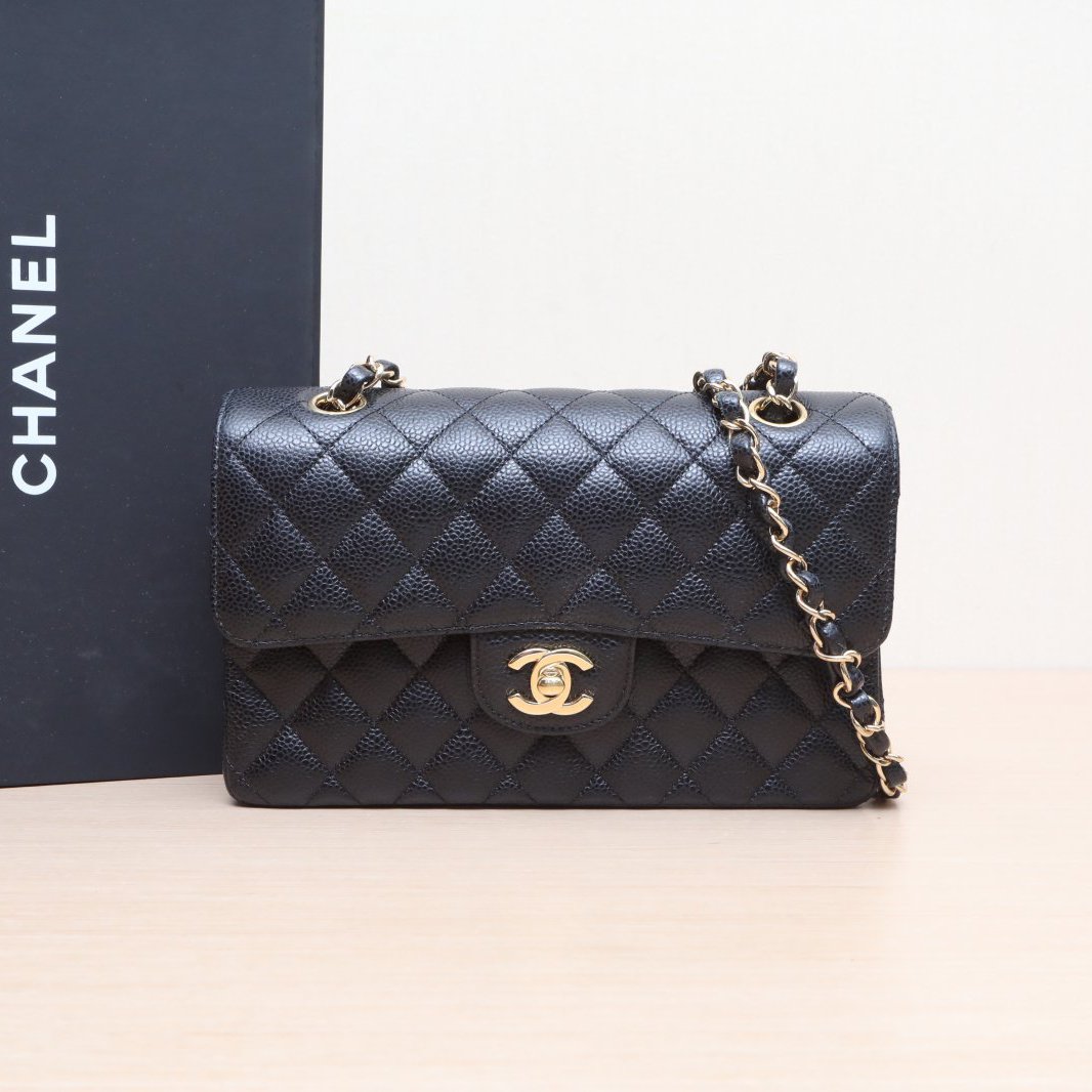 95新 Chanel/香奈儿 小花攀攀CF 小号 23cm 黑色 皮革C 31开 金扣