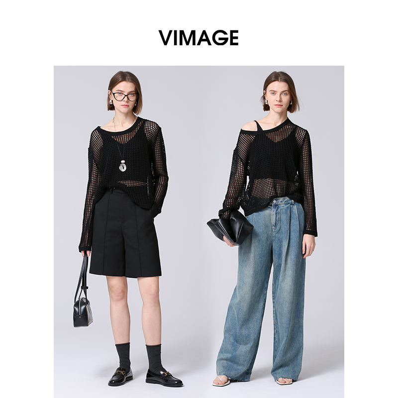 VIMAGE纬漫纪慵懒感时尚垂坠宽松镂空针织衫V2301919