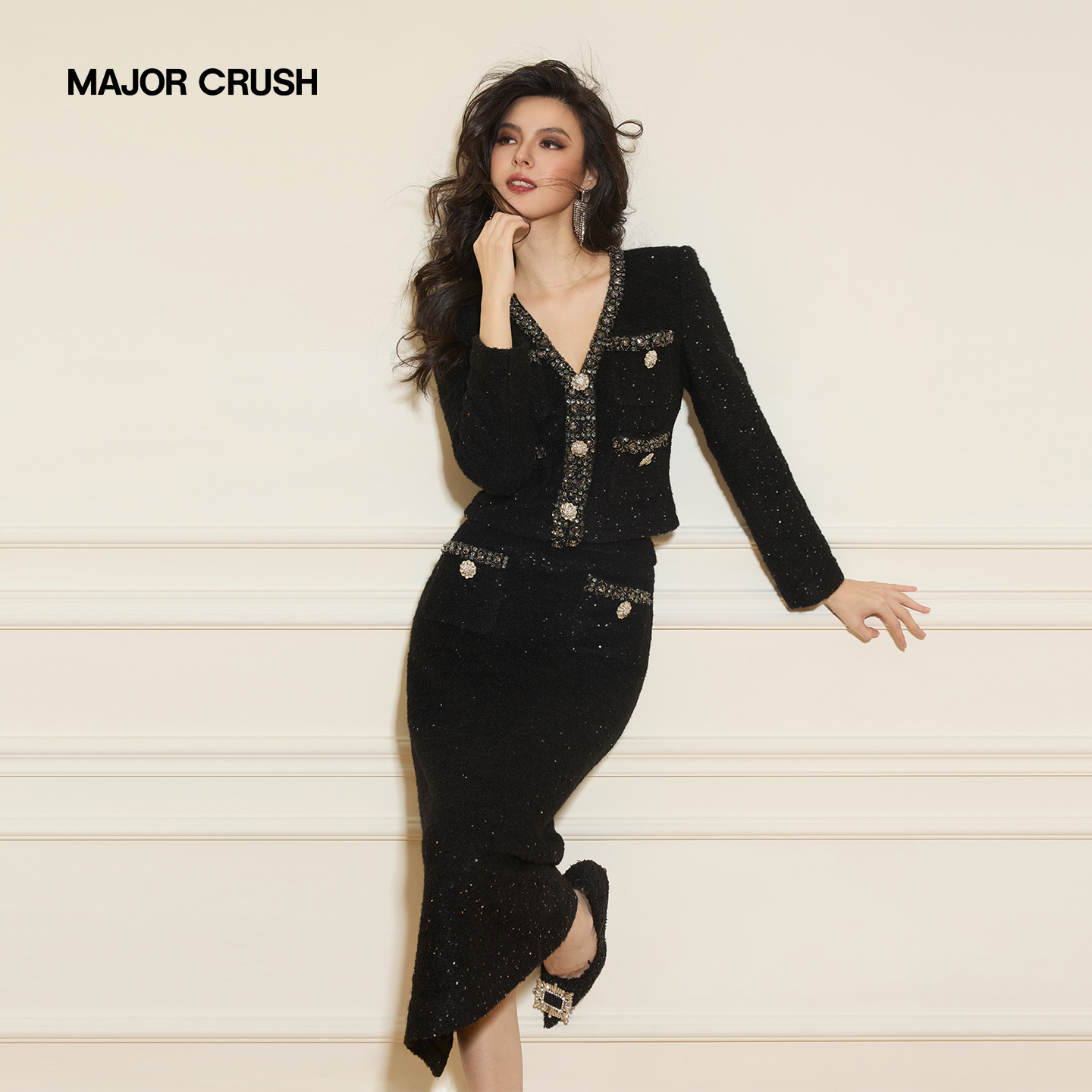 MAJOR CRUSH冬季新款墨钻绮梦优雅礼服香风套装气质轻奢套装77639