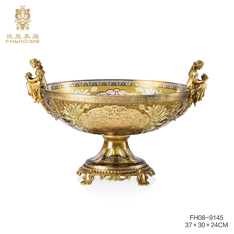 FH&HOME/凤凰美居欧式复古风格彩色玻璃果盆客厅奢华高档礼品
