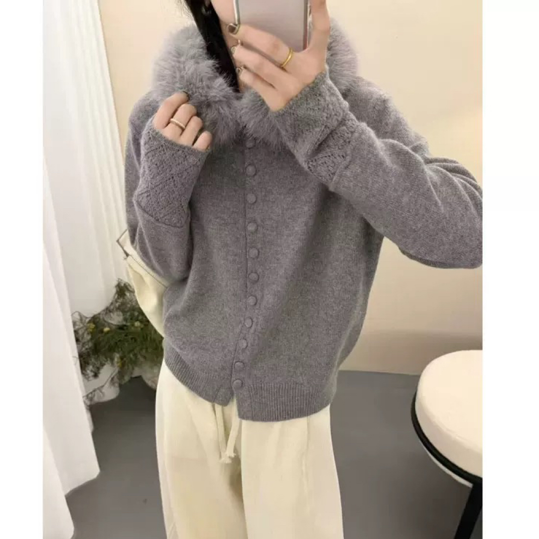 新款韩系毛毛领连帽宽松慵懒风针织开衫毛衣686