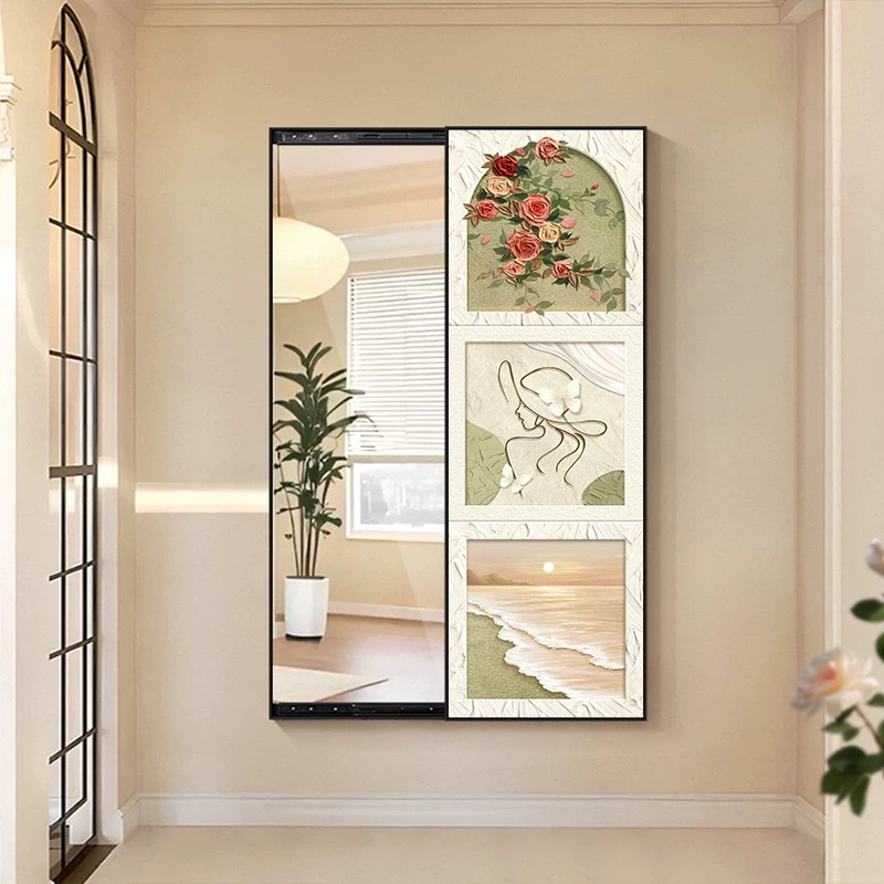 法式奶油风穿衣镜装饰画隐藏式推拉全身镜挂画暗藏式玄关镜子画