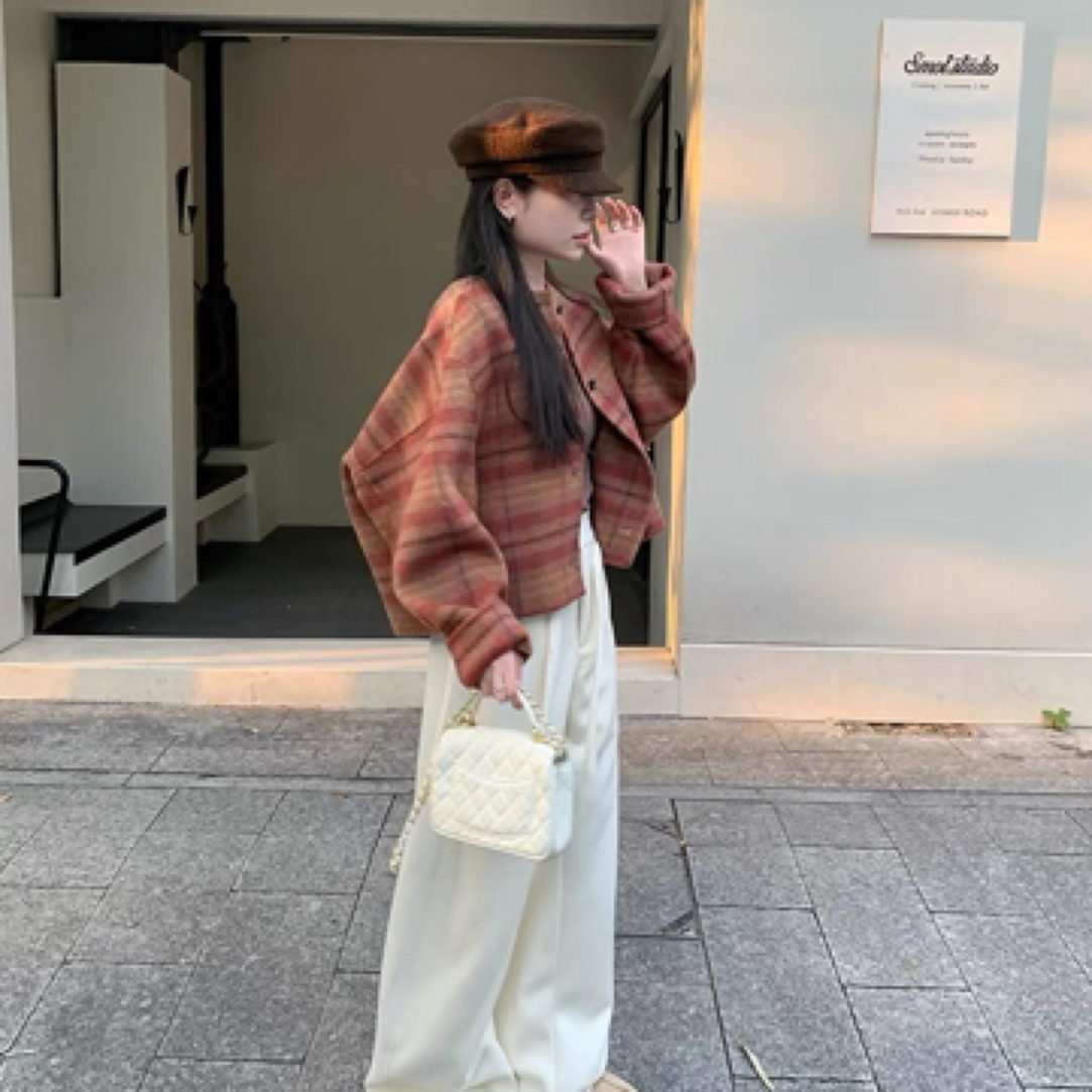 经典短款厚款百搭时尚格子休闲开衫秋冬短外套学院风-2535上衣