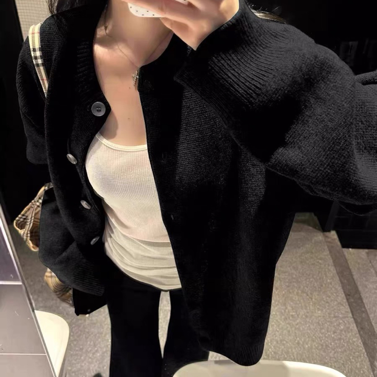2025秋冬新款100%纯羊毛开衫女圆领时尚百搭毛衣黑色针织外套上衣