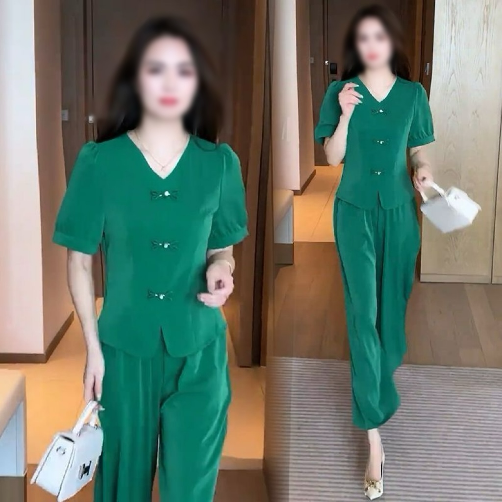 【现货】新中式套装女2025夏季新款显瘦短袖阔腿裤两件套