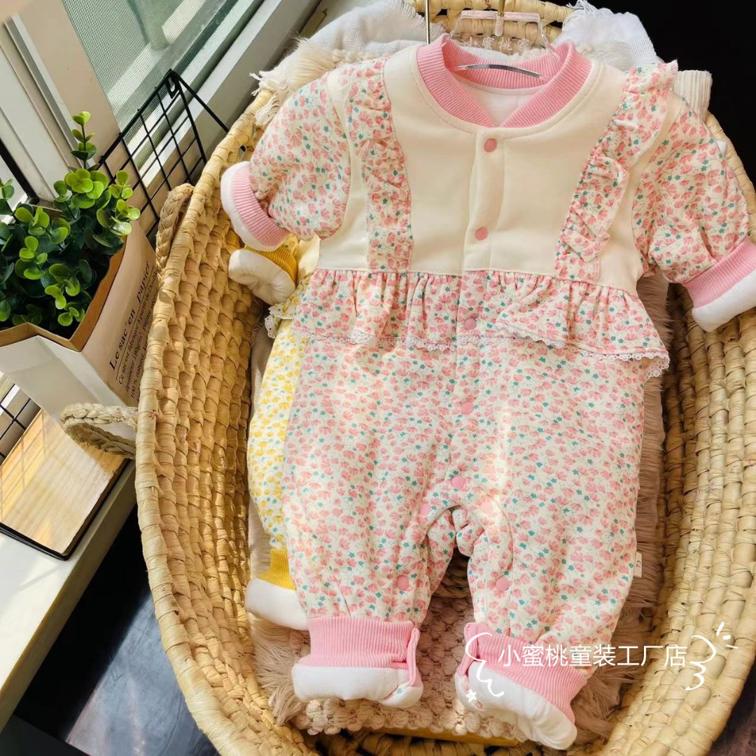 6秋冬款120克裙摆精灵韩版宝宝碎花新生儿夹棉薄棉夹棉闭档连体衣