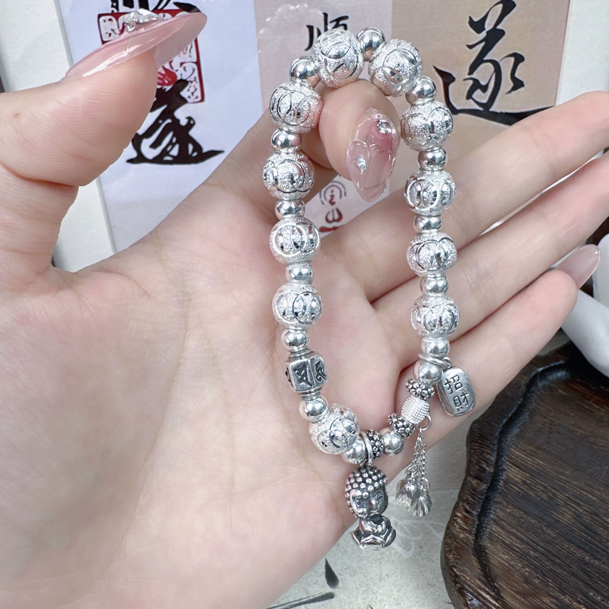 足银手链 莲花佛转运珠六字真言弹力绳百搭手链