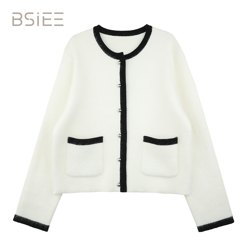 BSIEE本涩简约小香风上衣短款秋季女装白色毛衣拼色毛针织衫时尚