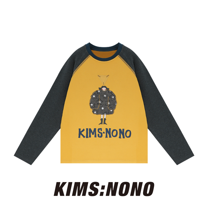 RATX123932时尚拼接插肩袖T恤女2025年冬季厚款圆领卡通刺绣上衣