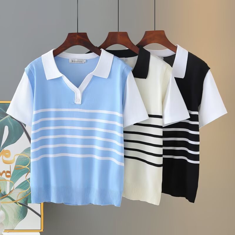 微胖大码女装夏季新款洋气poio领冰丝假两件短袖针织衫 100-200斤