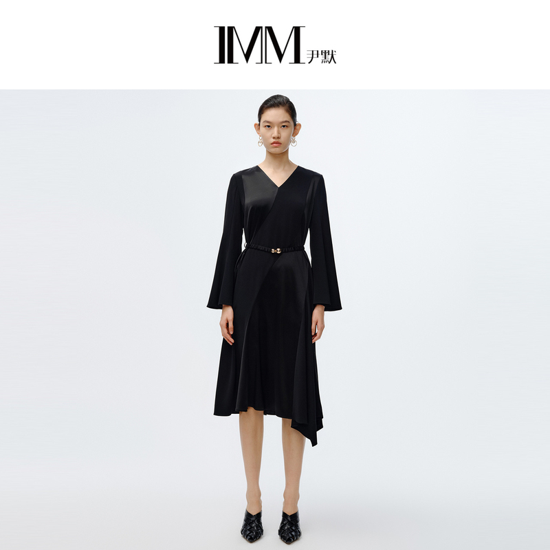 【粉丝专享】IMM尹默三醋酸V领拼接喇叭袖连衣裙0076