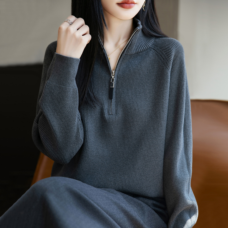 鄂尔多斯市纯100羊毛衫女秋冬新款拉链高领毛衣宽松羊绒打底衫女