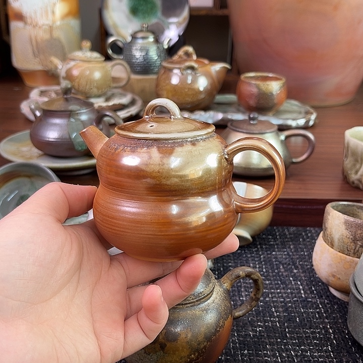 柴烧中白泥葫芦壶