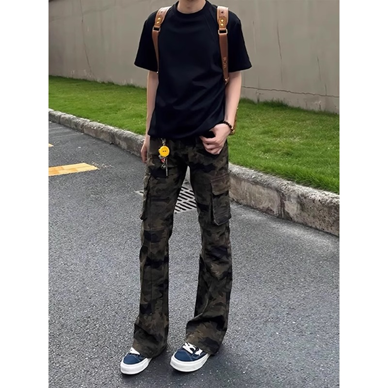 迷彩微喇cleanfit牛仔裤男款春秋季高腰工装裤子修身显瘦直筒长裤