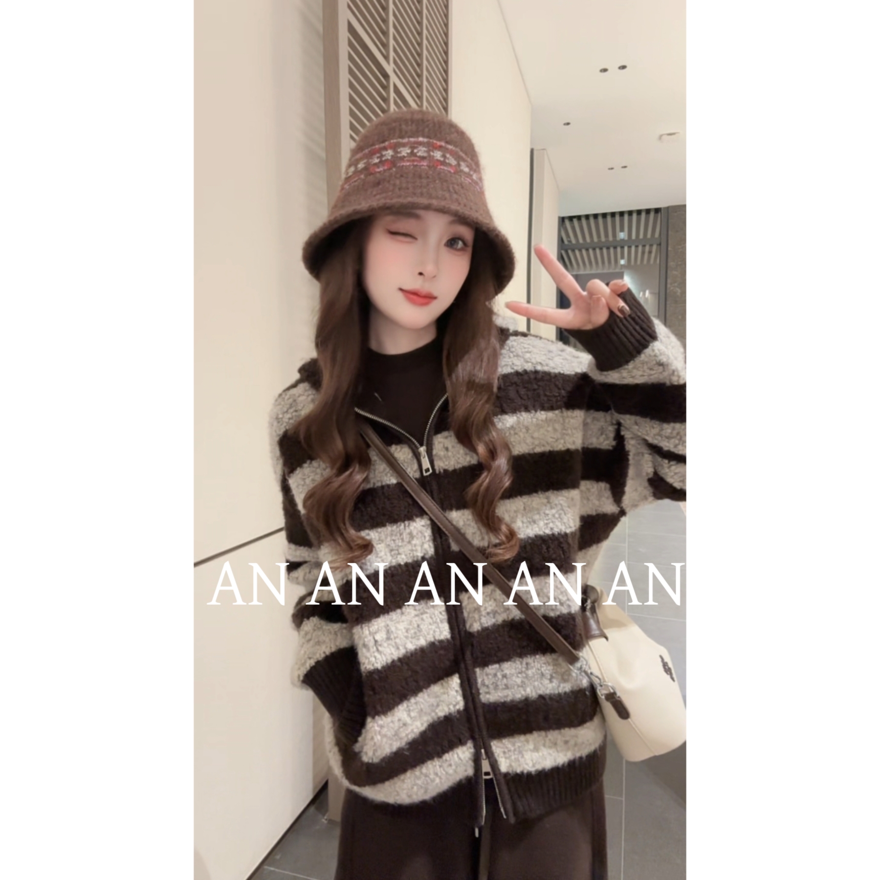 C10177复古慵懒风宽松双头拉链连帽口袋条纹毛衣外套