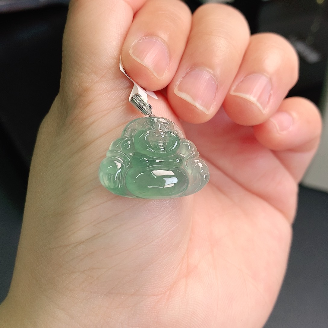 翡翠颈饰18K金镶嵌冰胶绿佛公18^25^5.1