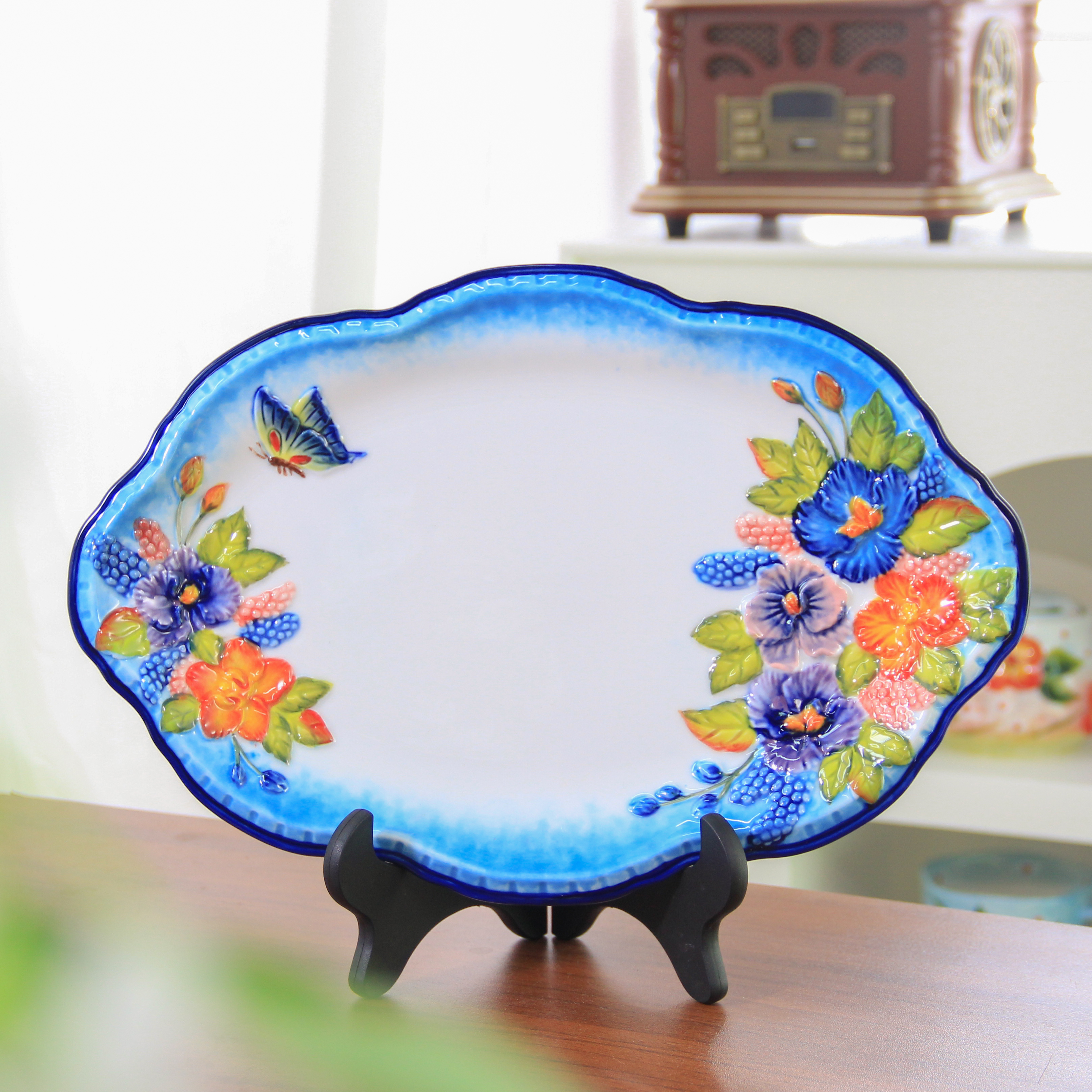 出口外单陶瓷【蝶恋花】12英寸鱼盘手绘浮雕釉下彩