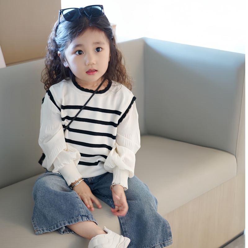 女童针织衫2025新款小女孩上衣圆领洋气百搭女宝宝假两件条纹上衣