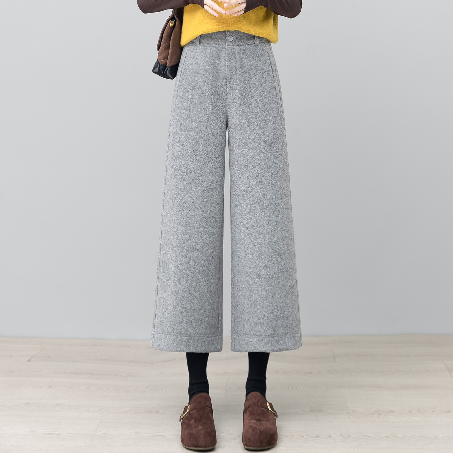 浅灰色羊毛呢八分阔腿裤女2025新款秋冬宽松垂感加厚小个子直筒裤